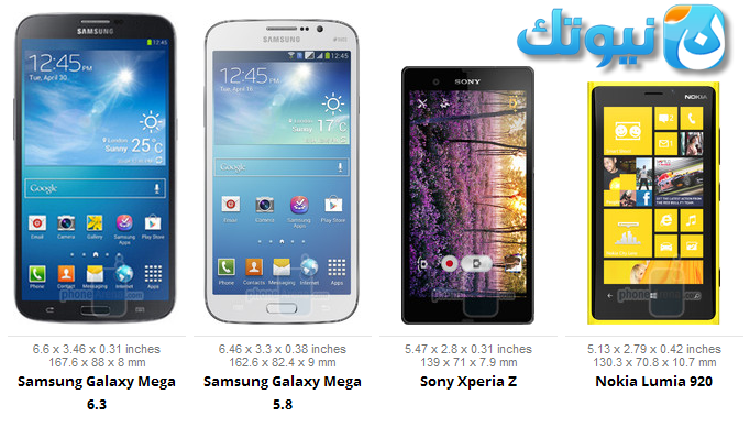 مقارنة مقاس الشاشة بين هواتف : Galaxy Mega 6.3 و Galaxy Mega 5.8 و Sony Xperia Z و Nokia Lumia 920